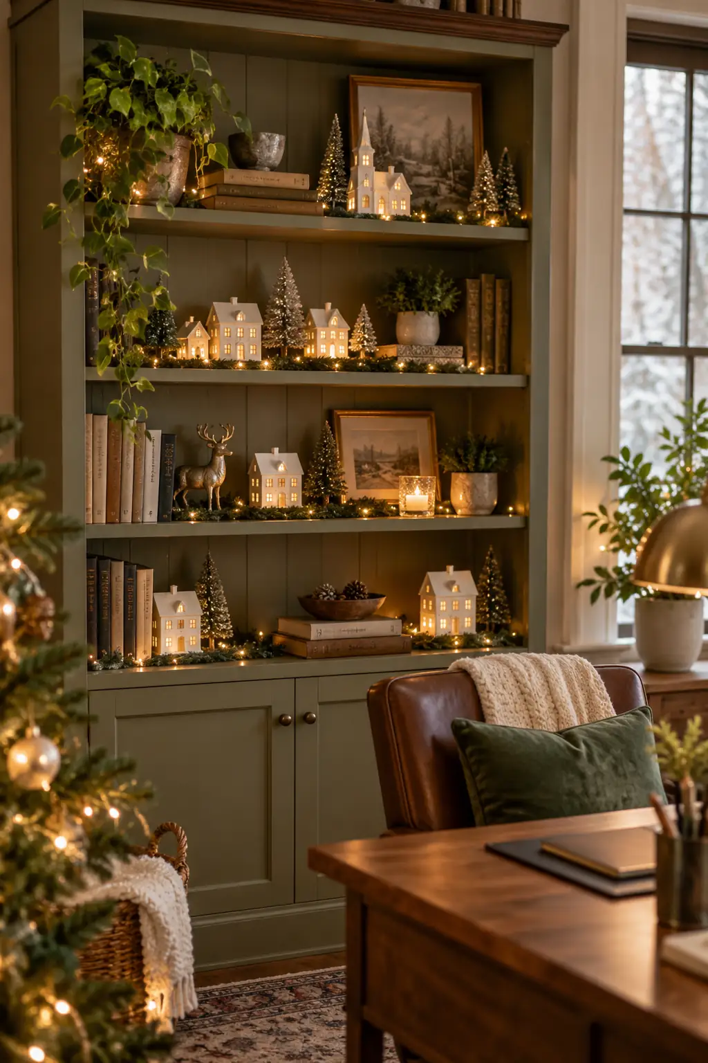 Small illuminated houses and greenery arranged among books on dark shelves