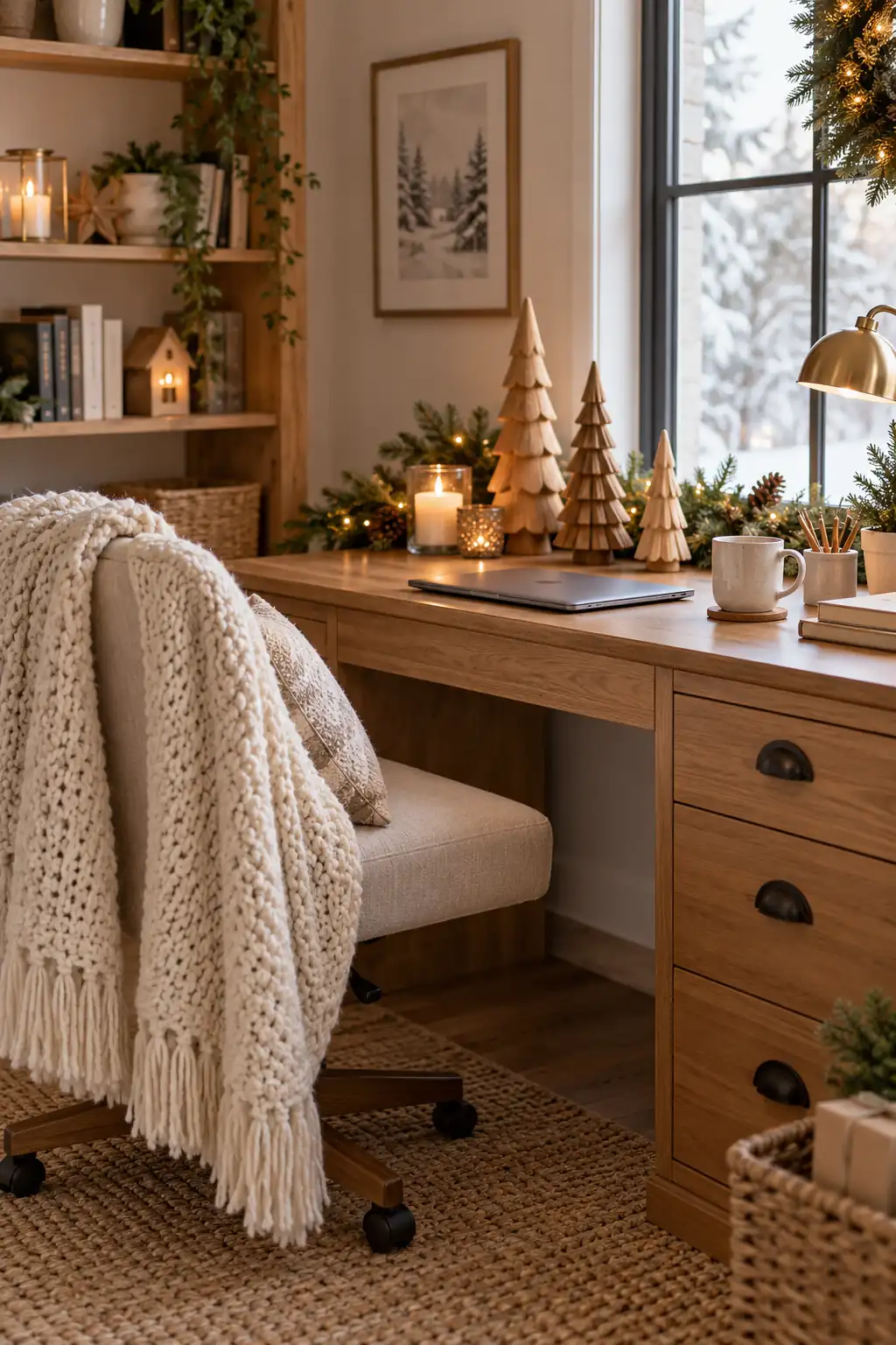 A light wooden desk with small wooden trees and a cream chair throw