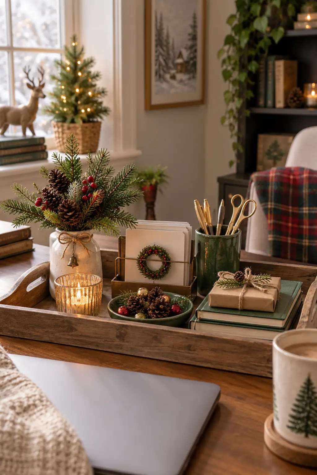 A wooden desk tray holding stationery, greenery and a small light