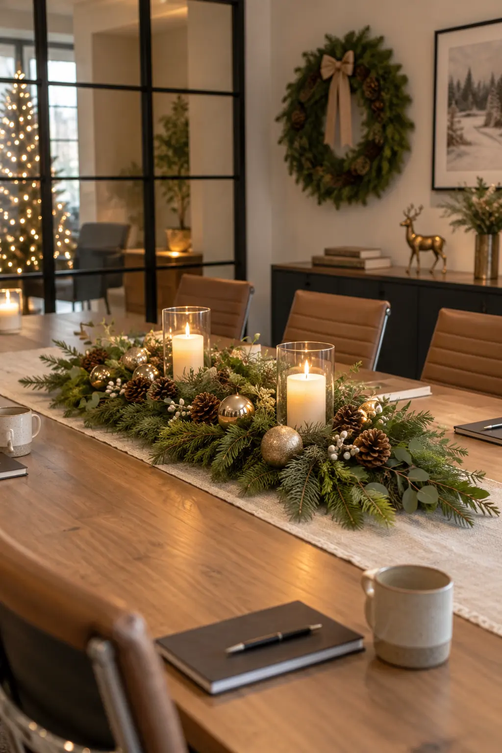A narrow greenery centerpiece with warm lights on a conference table