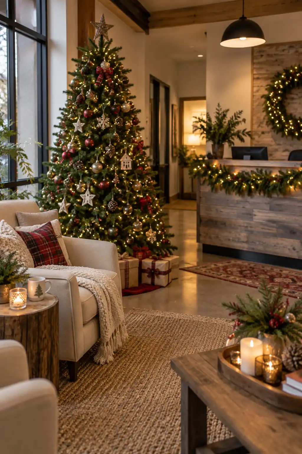 A Christmas tree and wrapped boxes in an office reception seating area