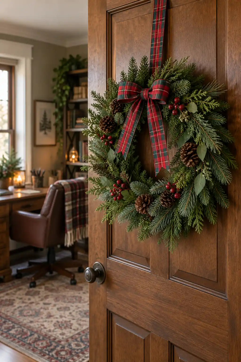 A green wreath with long red ribbons on an office door