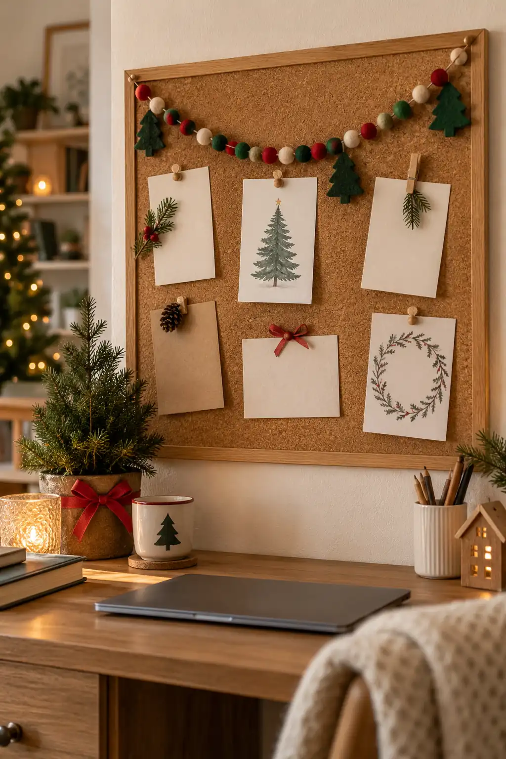Christmas drawings and small ornaments pinned to an office corkboard
