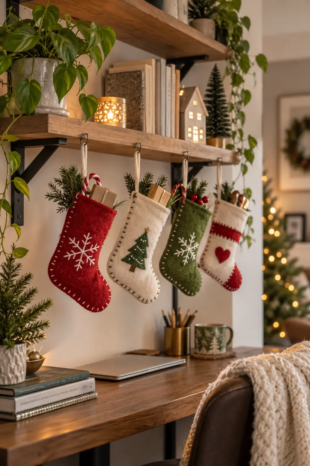 Small red, cream and green stockings hanging beneath a desk shelf