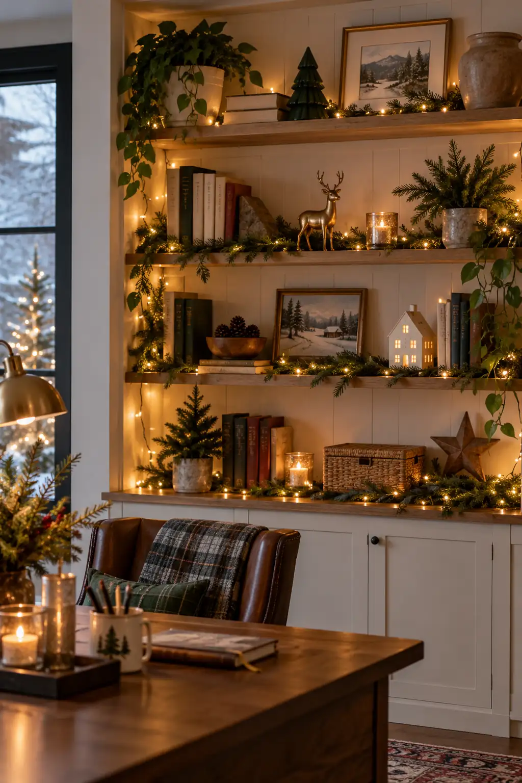 Warm string lights arranged around office shelves and greenery