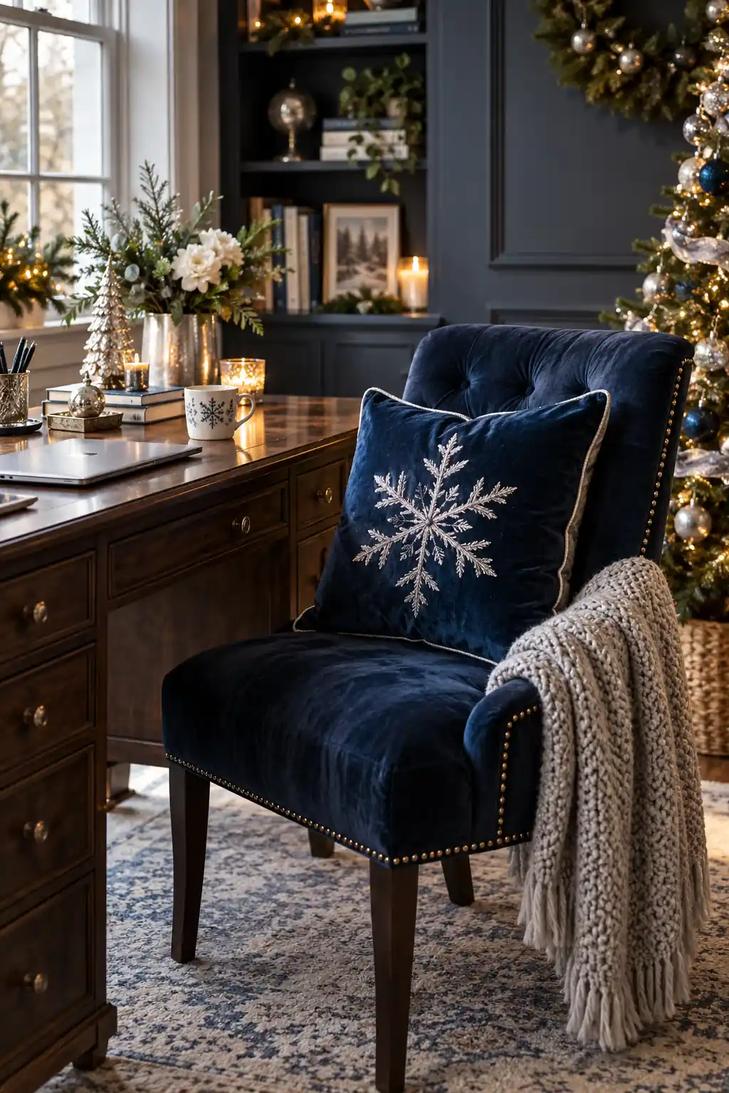 A navy armchair with a snowflake cushion beside an office window