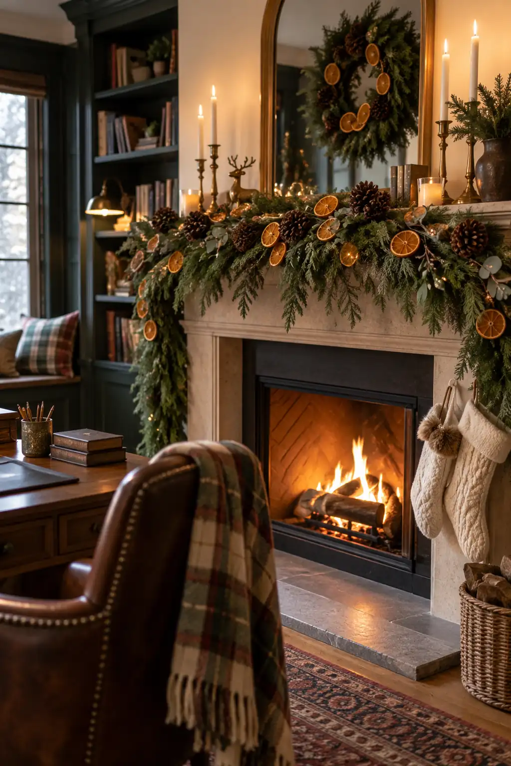 Greenery and dried orange accents arranged above a fireplace in an office