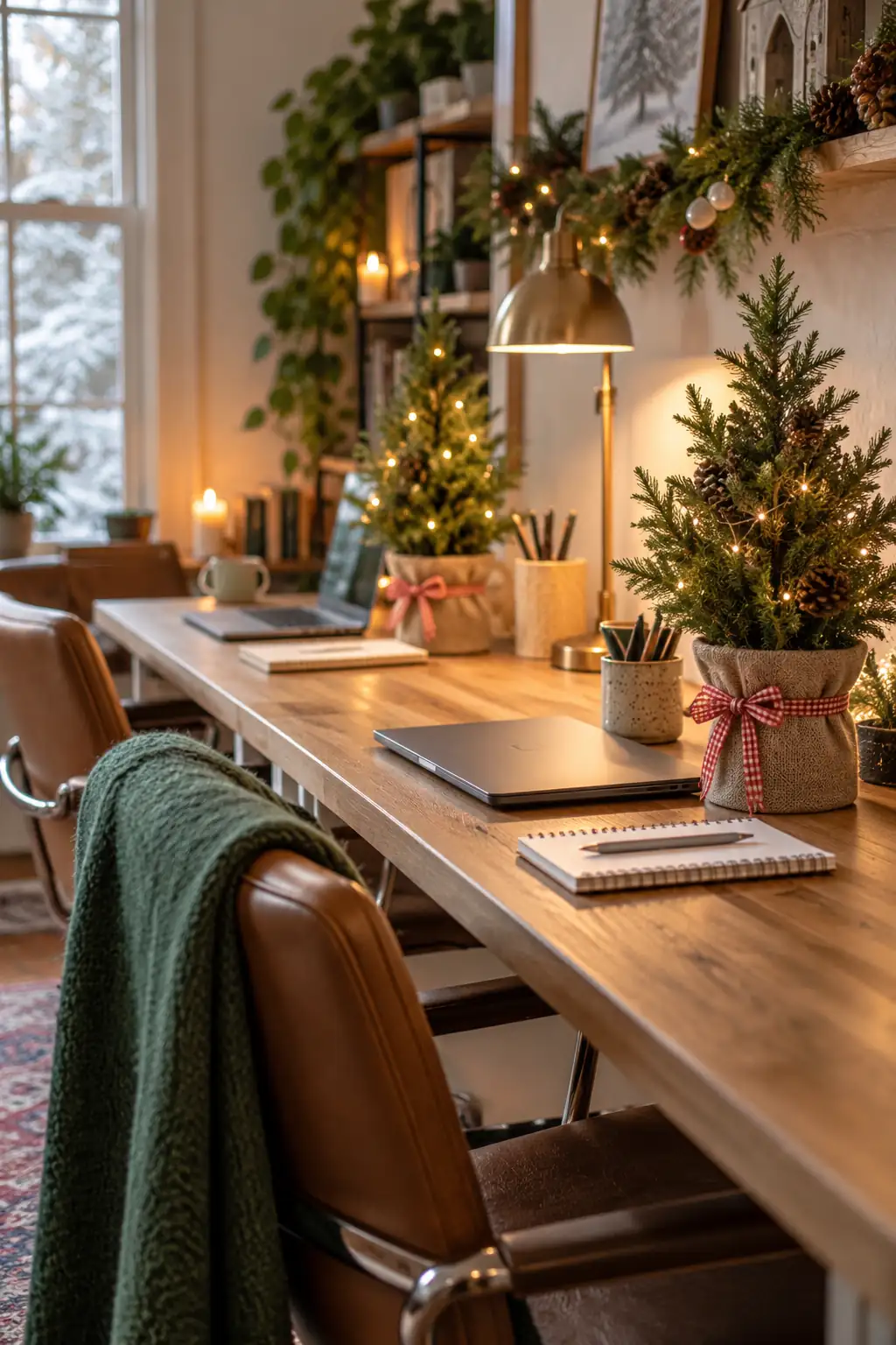 Small plants and evergreen accents along a shared wooden desk