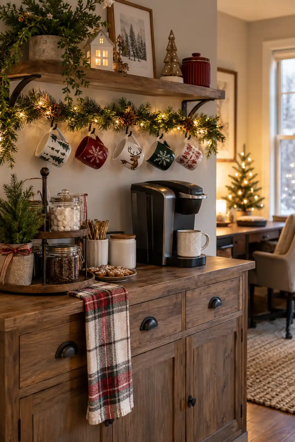 A coffee station decorated with greenery, mugs and small stockings