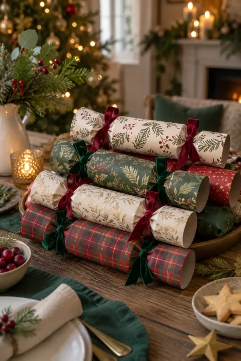 Patterned paper crackers tied with red and green ribbons