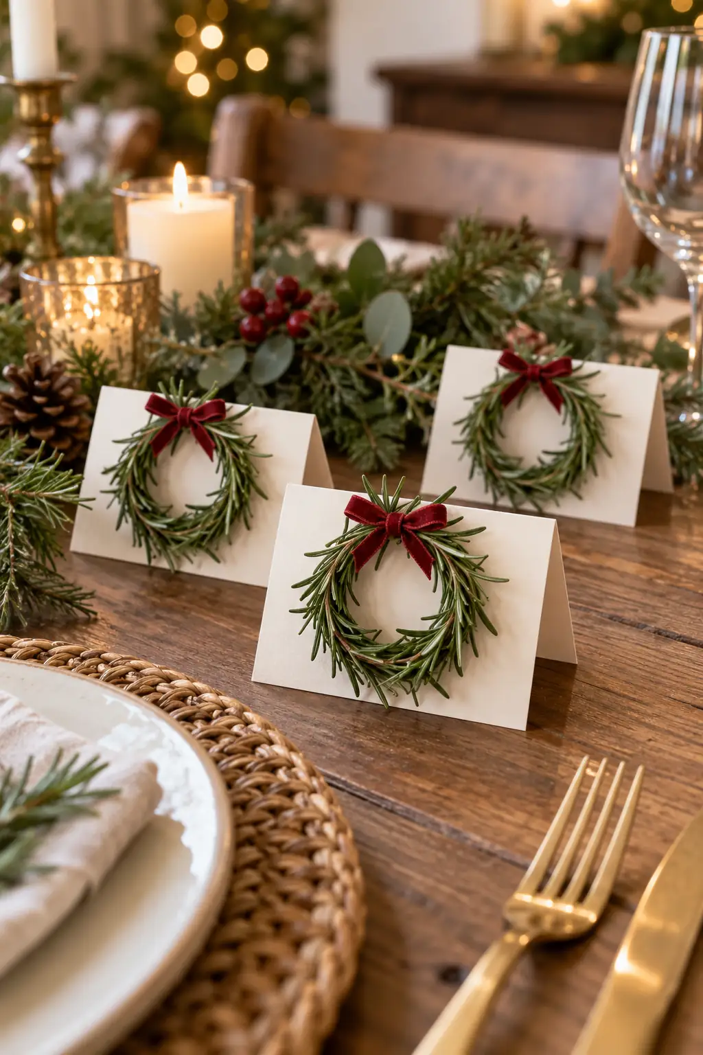Small greenery wreaths attached to folded cream place cards