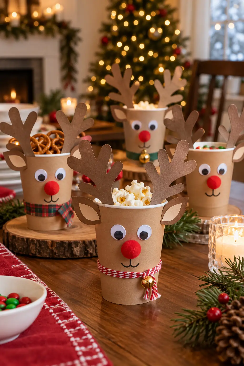 Brown party cups decorated with reindeer faces and antlers