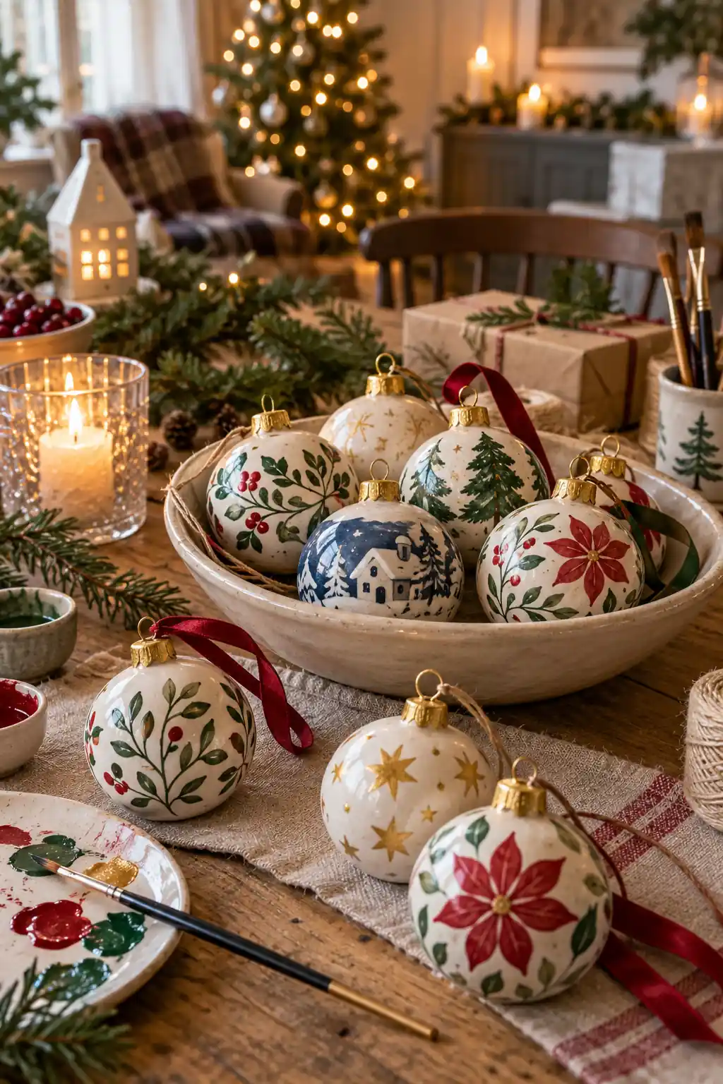 Round ornaments painted with leaves, stars and festive patterns