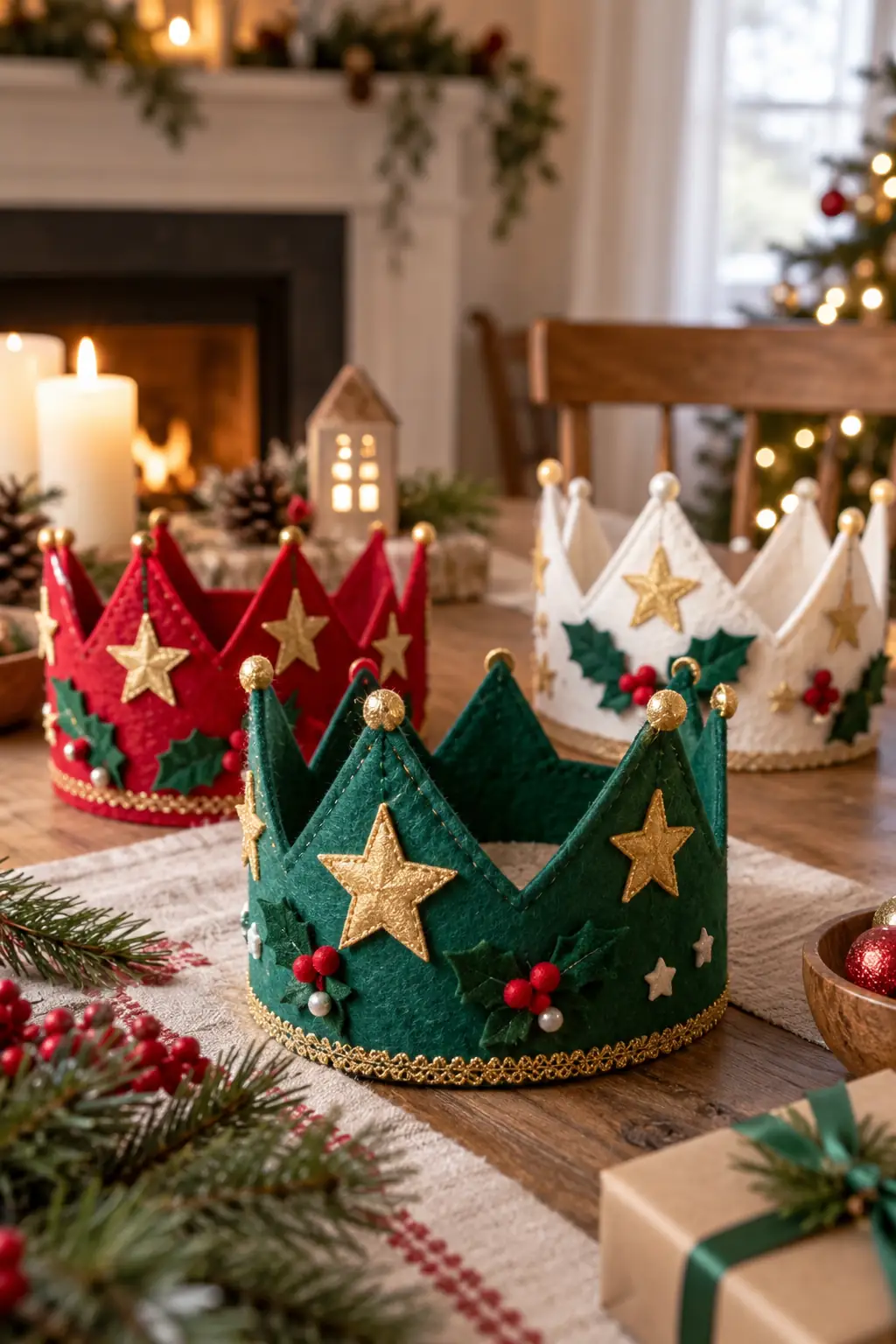 Red, green and cream felt crowns decorated with stars