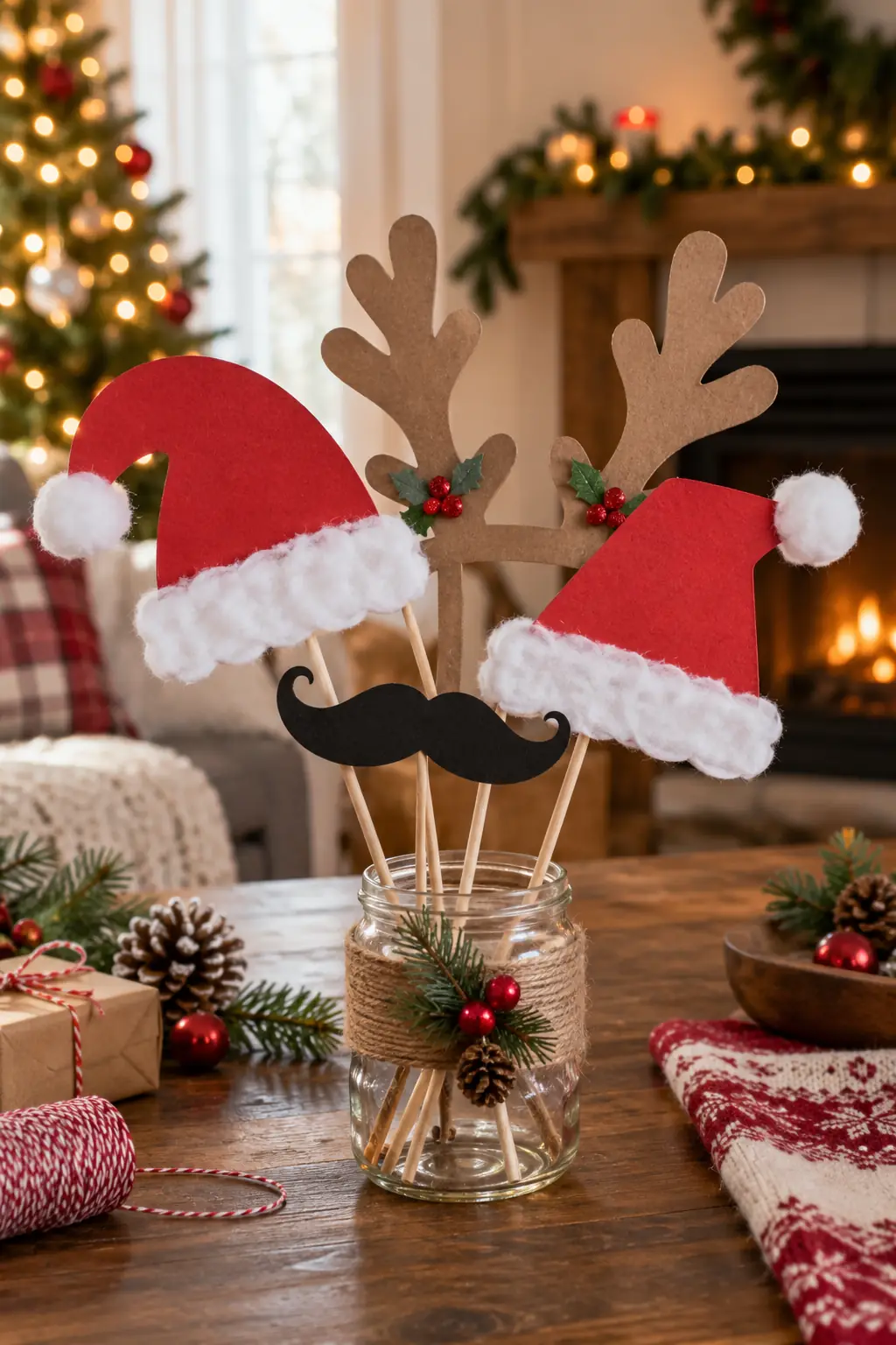 Paper Santa hats, antlers and a snowman face arranged on sticks