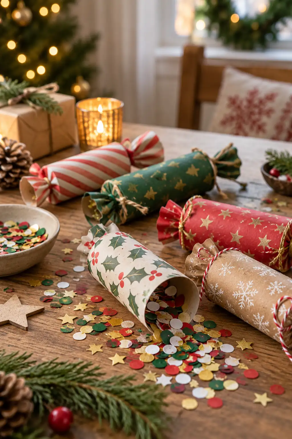 Wrapped paper tubes with ribbon beside colorful paper confetti