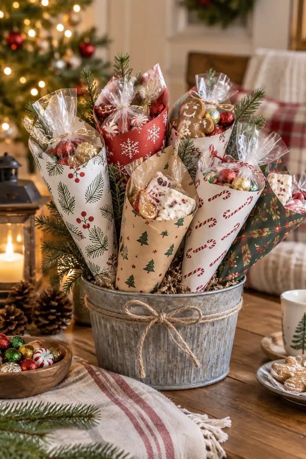 Patterned paper cones standing in a rustic bucket