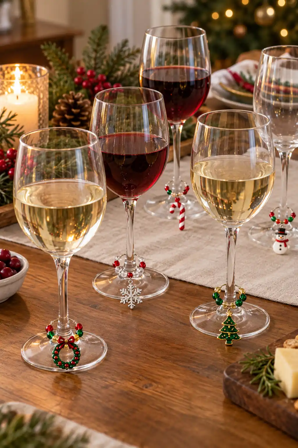 Small red and green charms around the stems of wine glasses