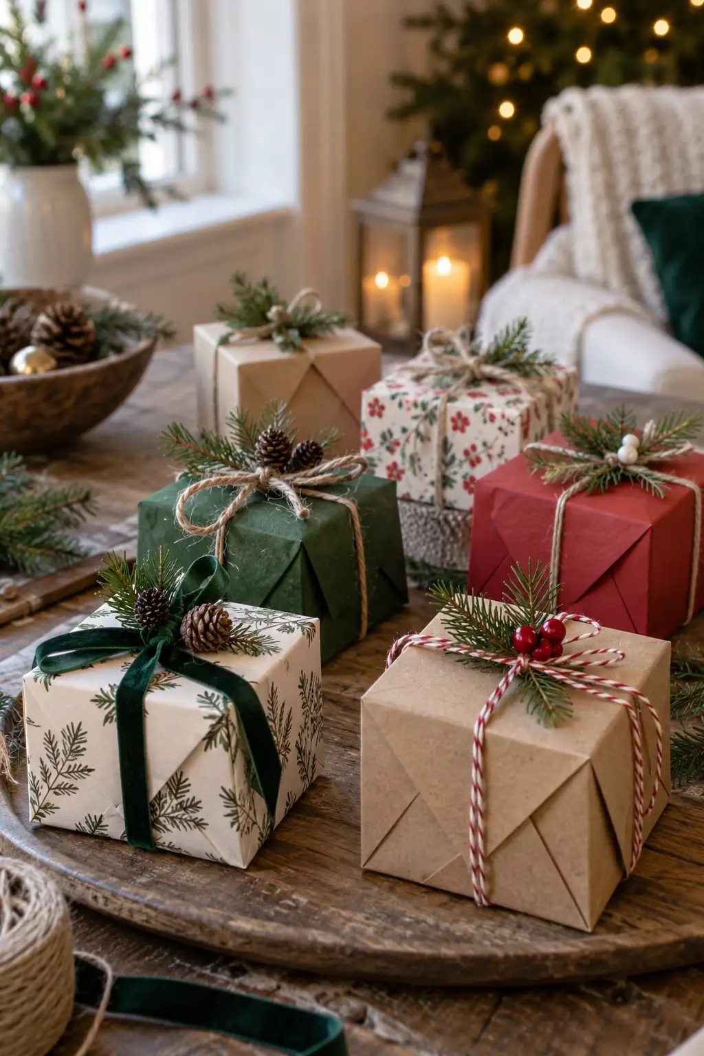 Small kraft and green boxes tied with string and festive tags