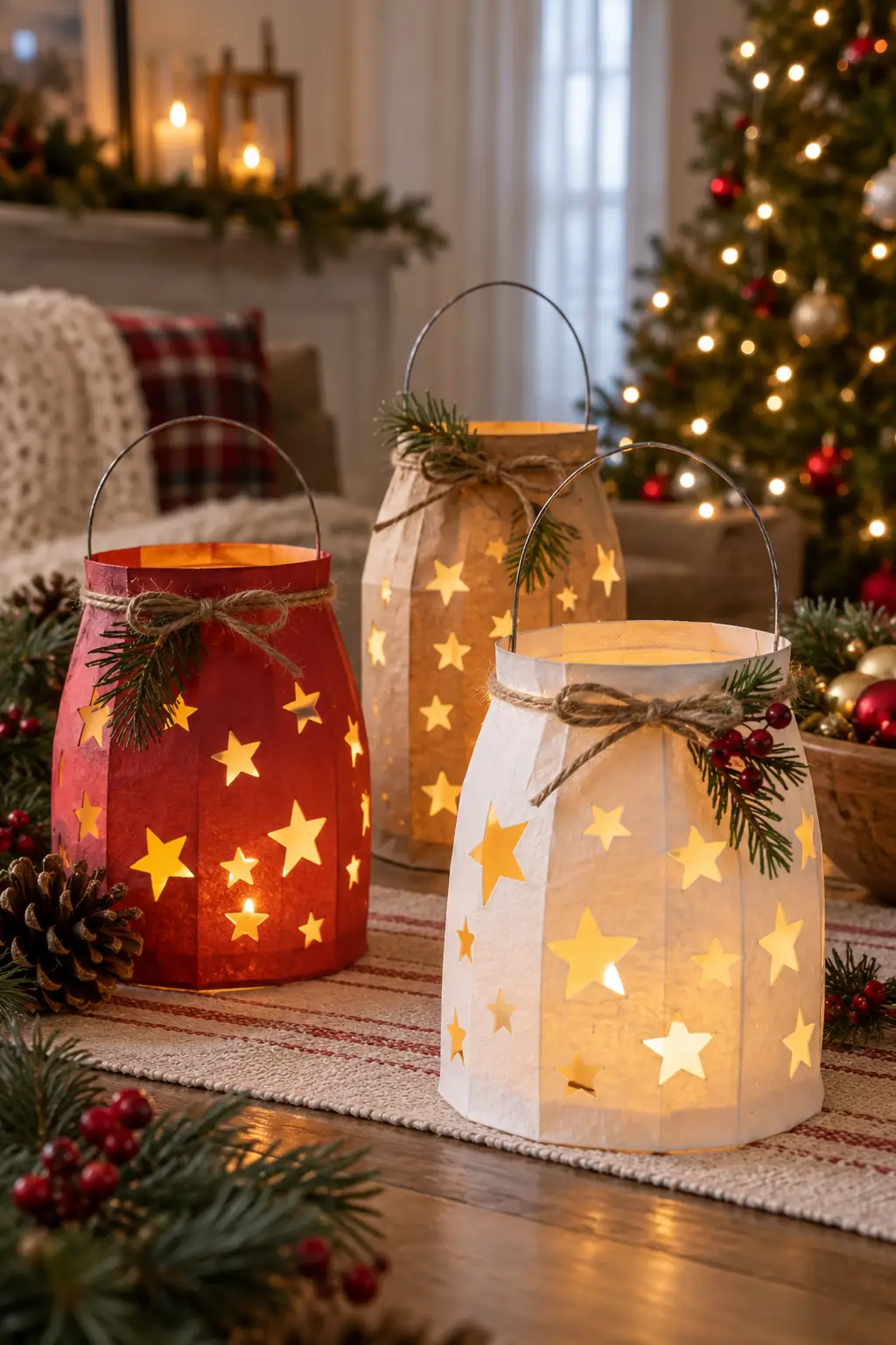 Red and cream paper lanterns with star-shaped cutouts