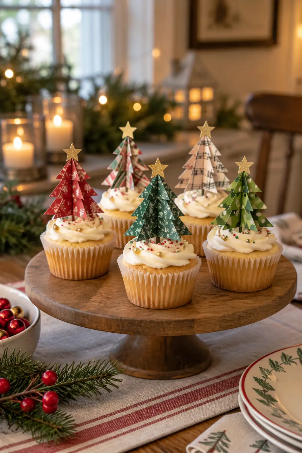 Small tree-shaped toppers decorating cupcakes