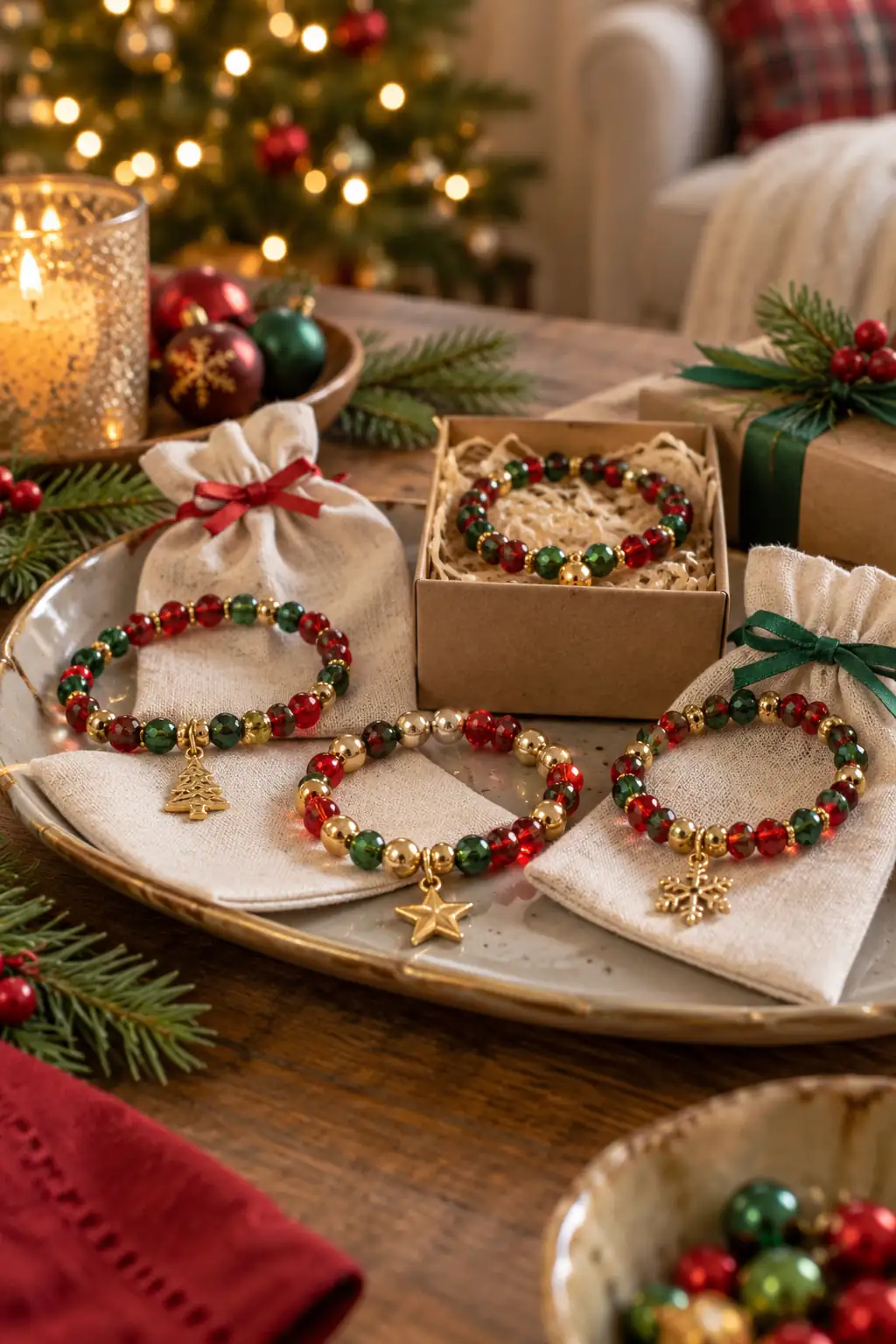 Red, green and gold bracelets arranged beside a box of beads