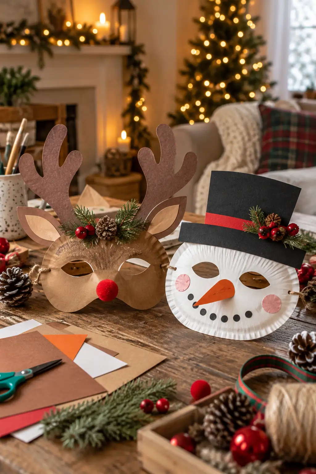 A reindeer mask and snowman mask made from paper plates