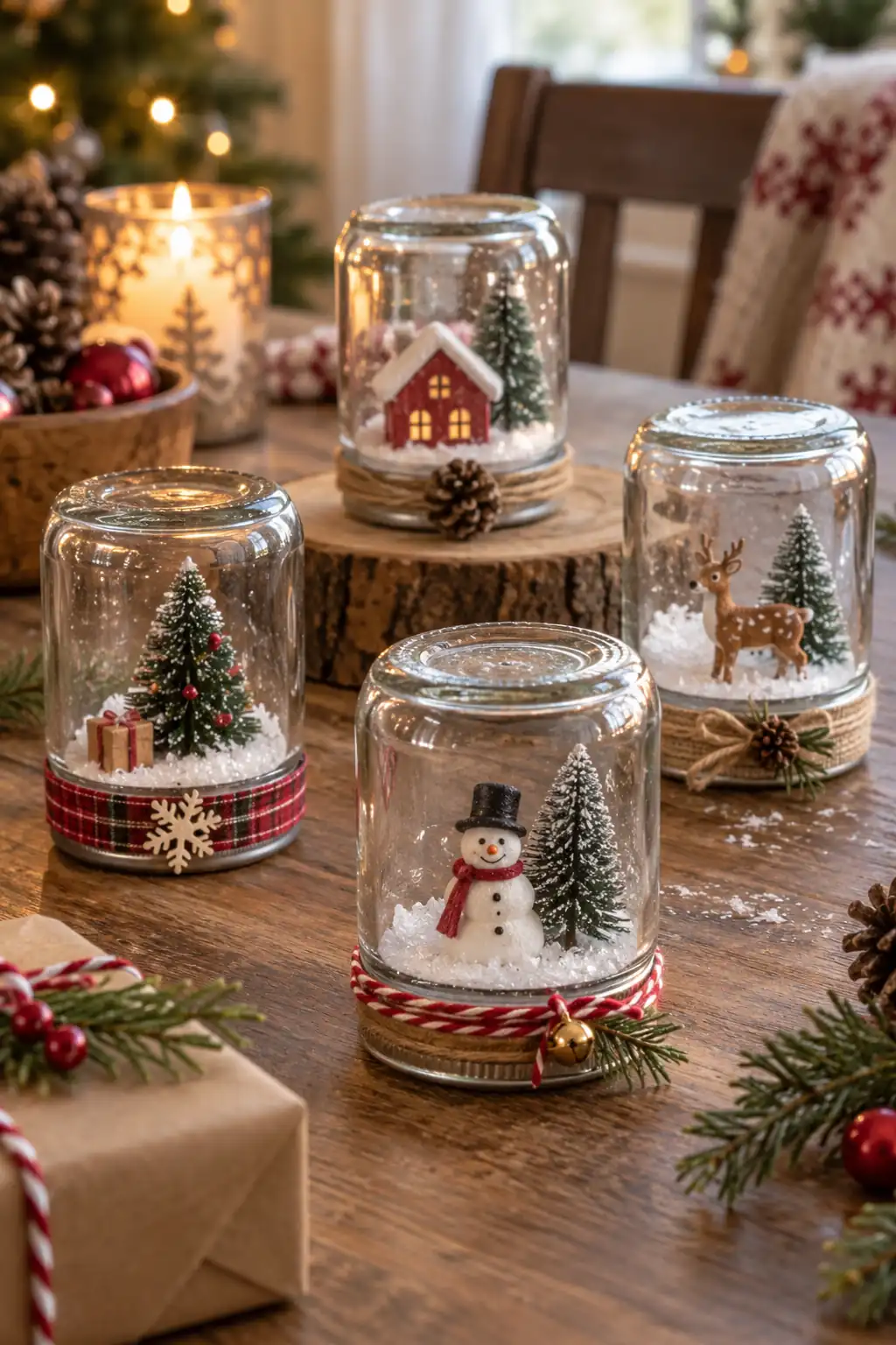 Small clear jars holding miniature winter scenes