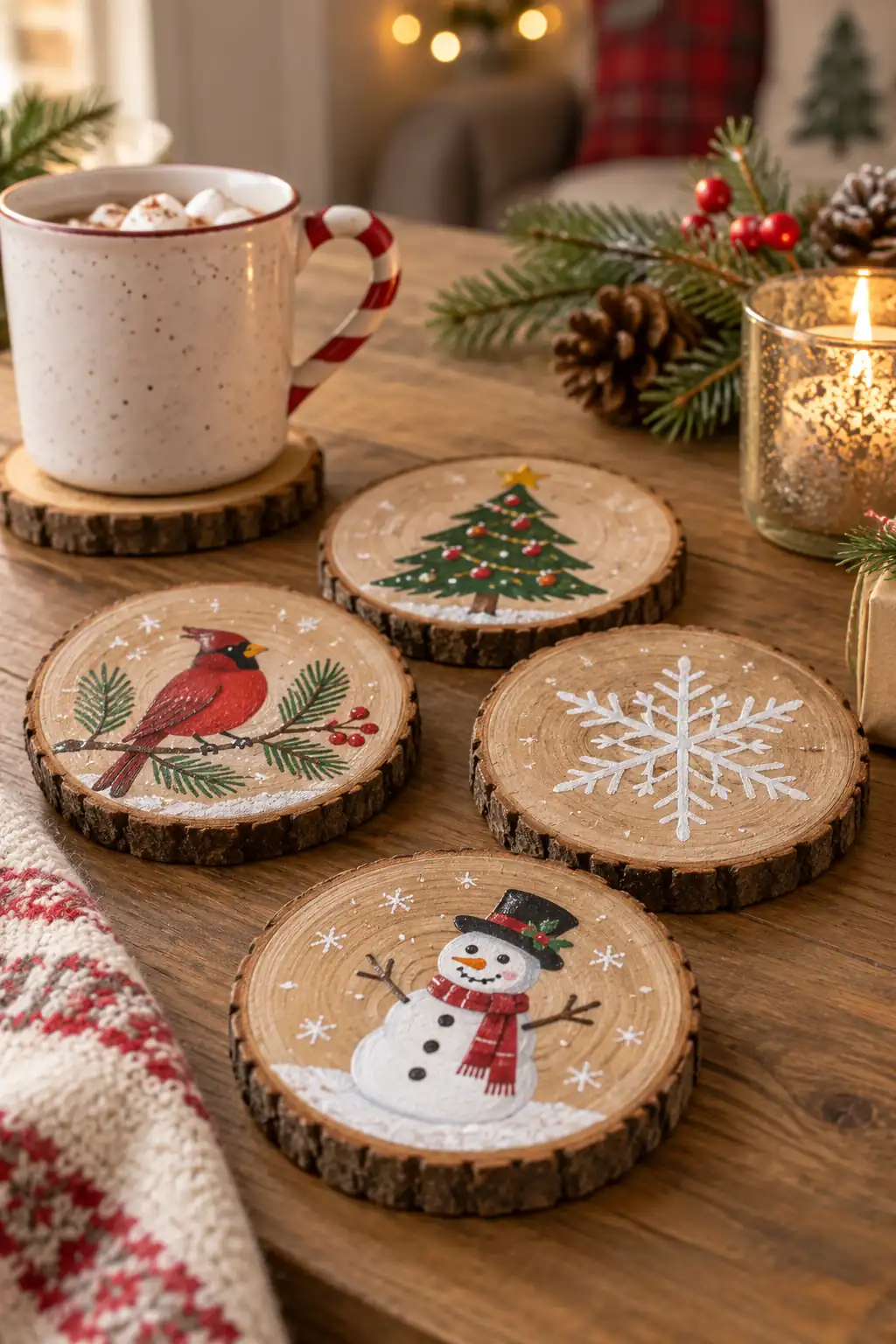 Wood-slice coasters painted with winter characters and greenery