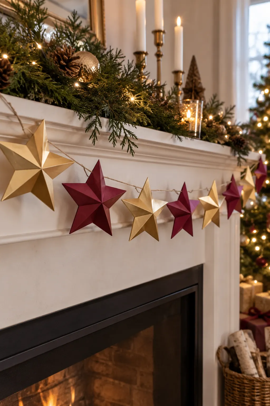 Red, cream and gold folded stars strung across a mantel