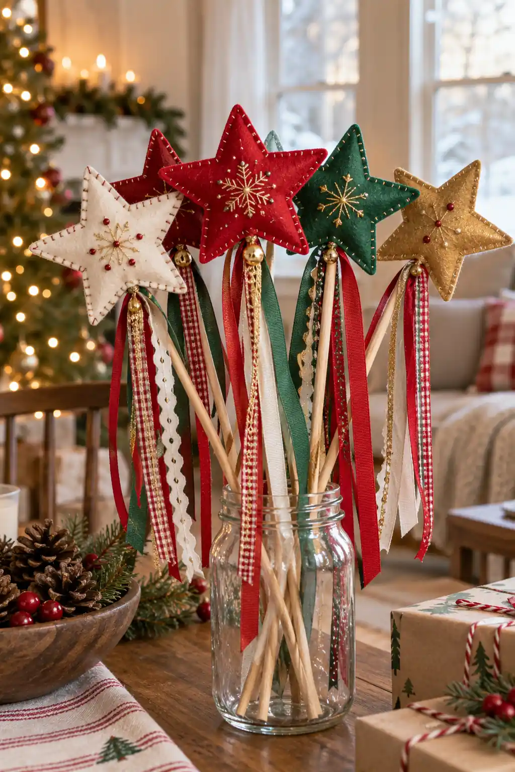 Star-topped wands with red, green and gold ribbon tails