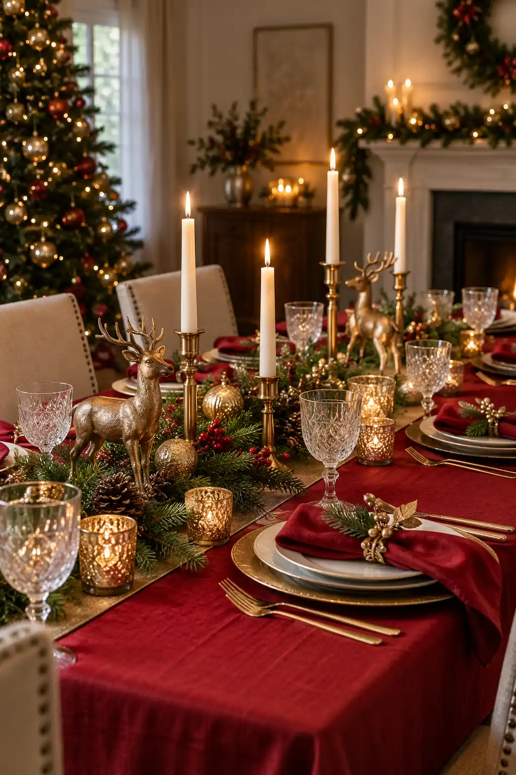 A dining table set with red napkins, gold accents and evergreen greenery