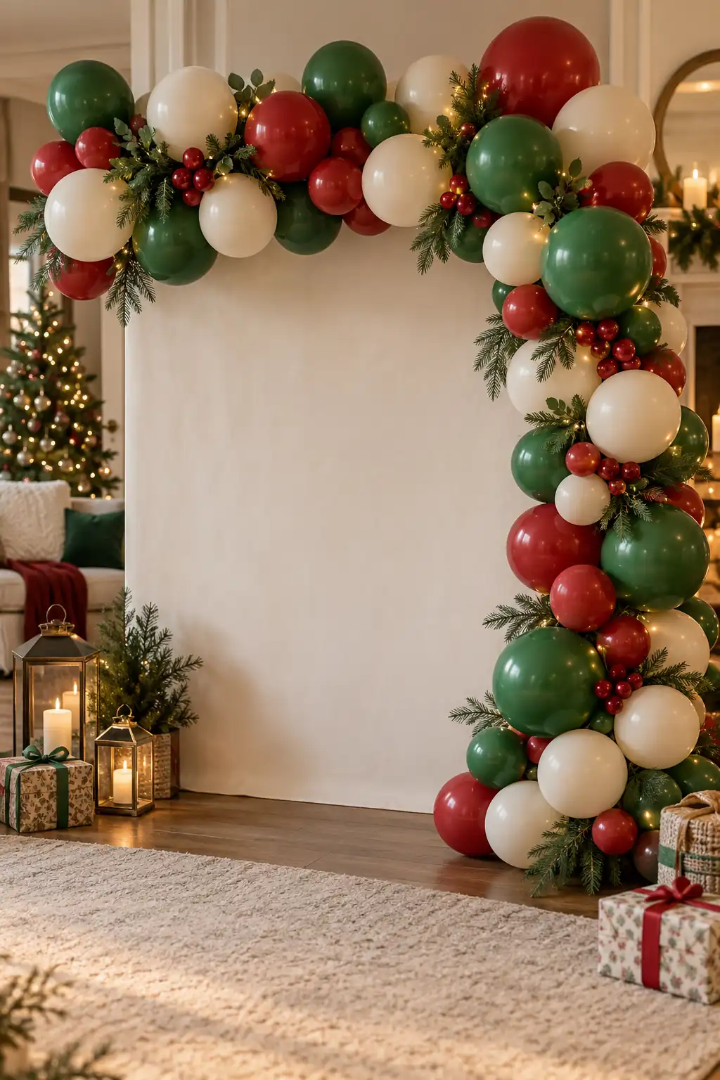 A red, green and cream balloon arch framing an open photo area