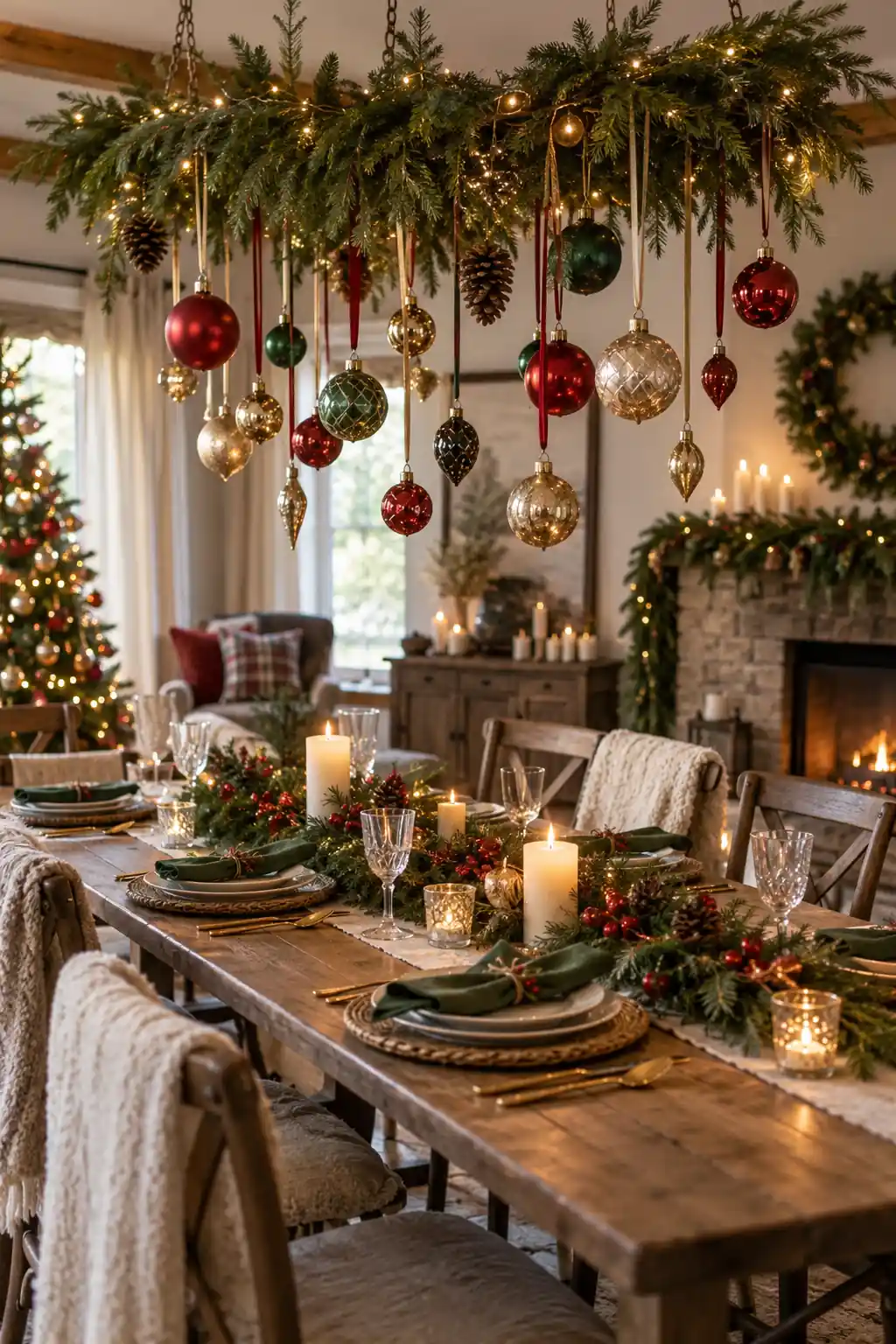 Red and gold ornaments suspended above a Christmas dining table