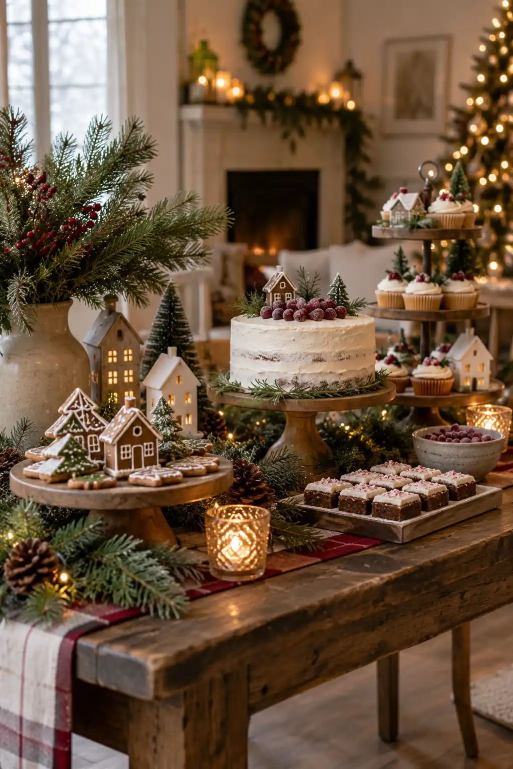 A dessert table with miniature houses, cakes and small trees