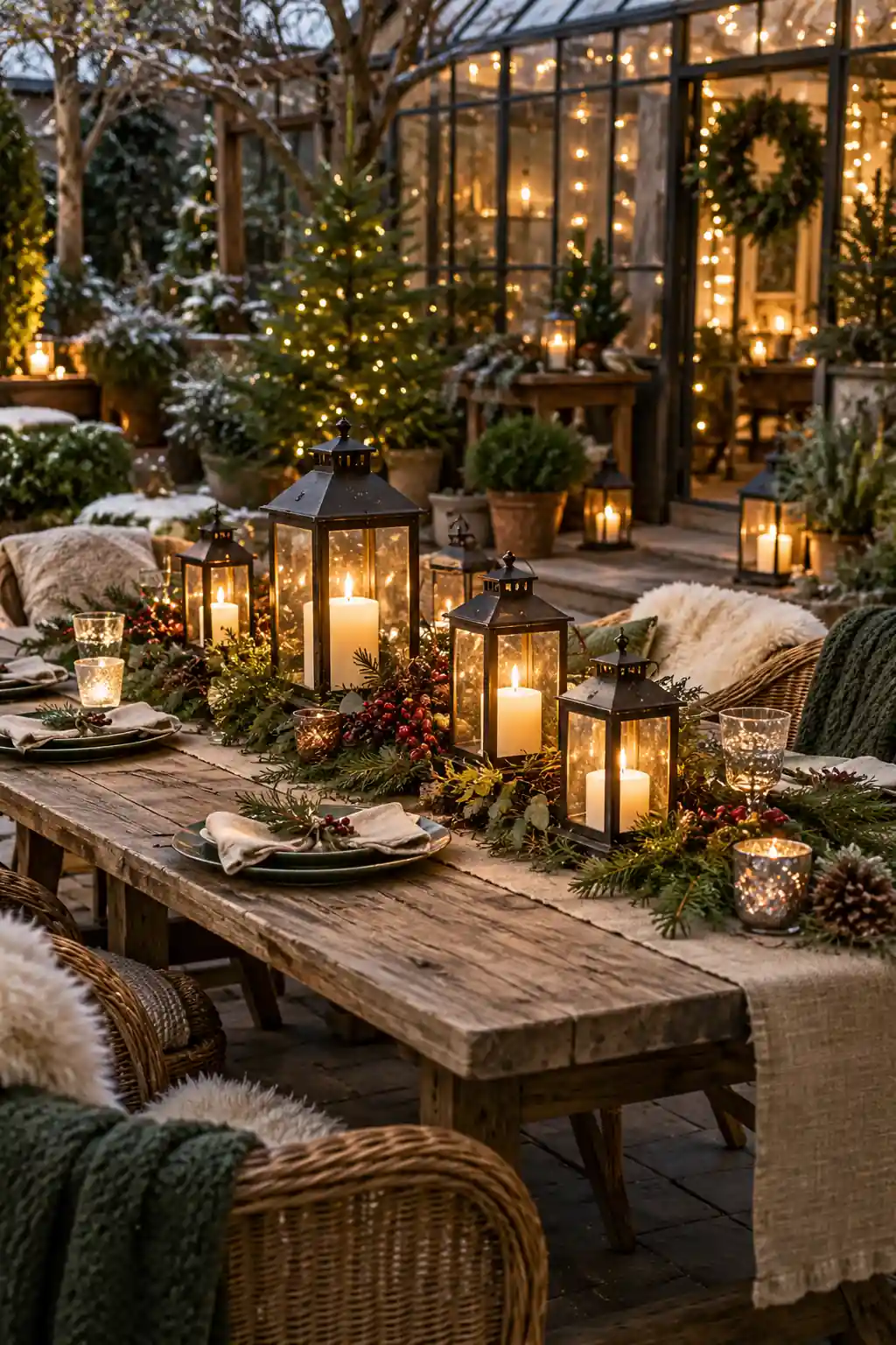 A rustic outdoor party table surrounded by lanterns and greenery