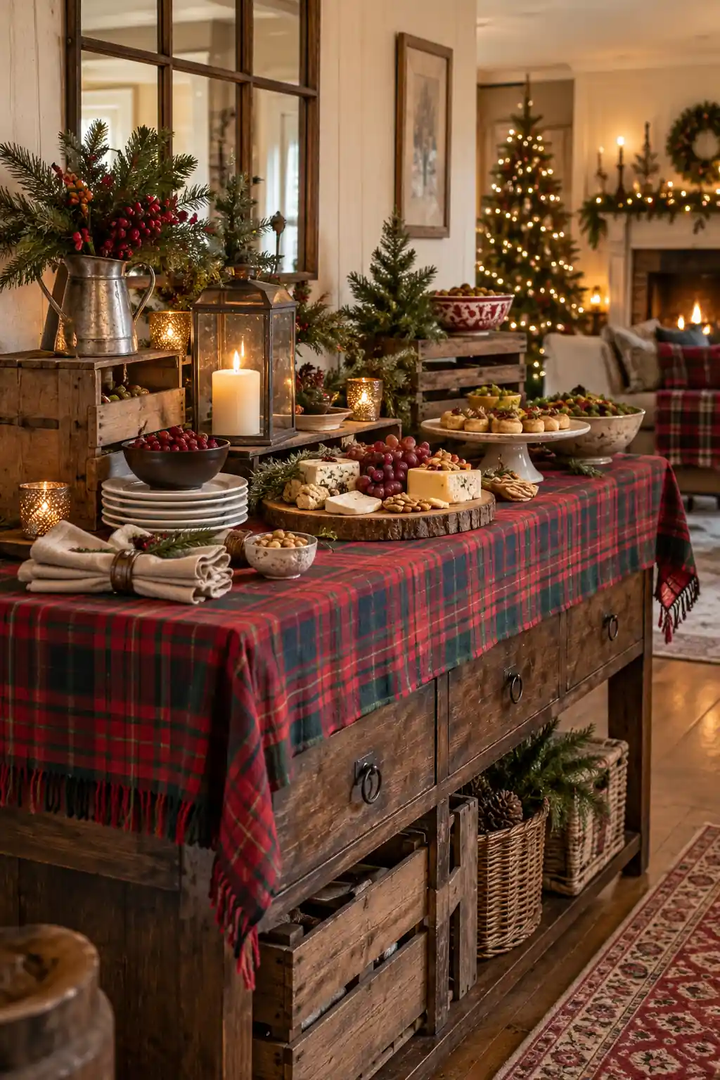 A buffet covered with red plaid fabric and arranged with festive serving stands