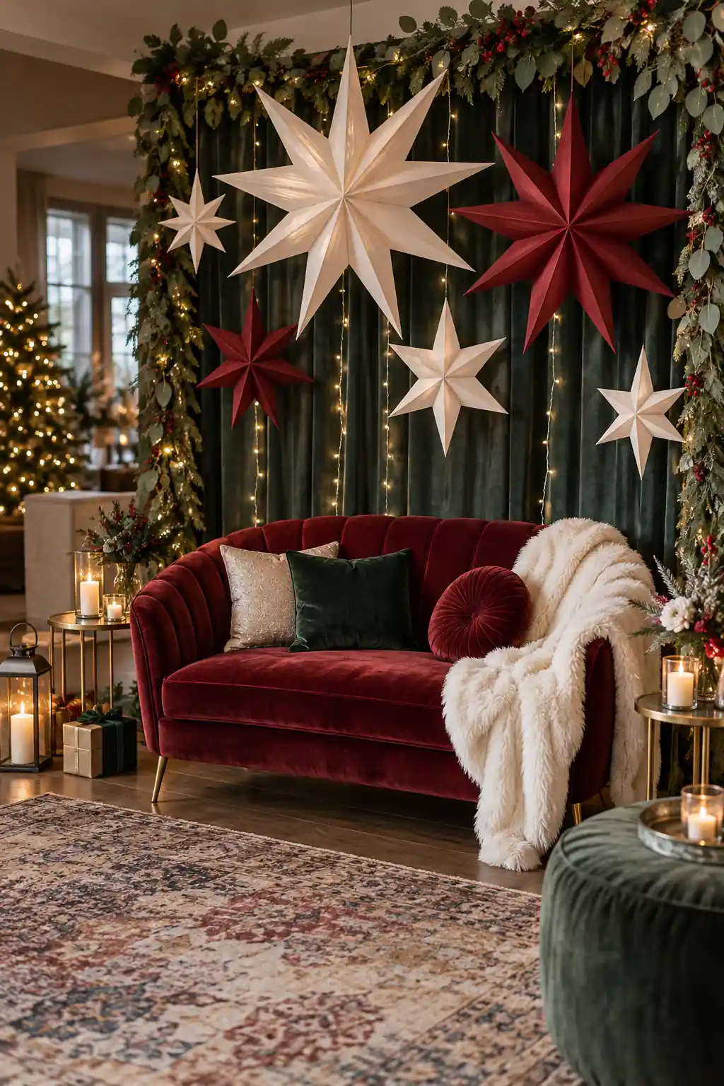 Large red and cream stars hanging above a velvet bench