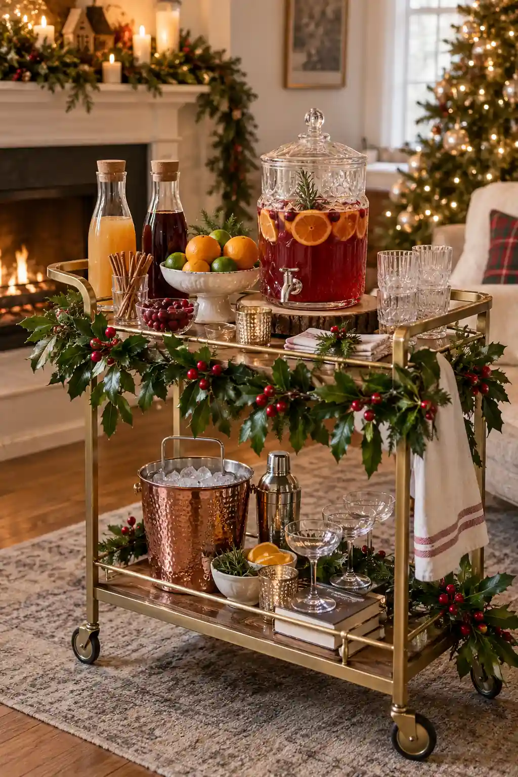 A gold-toned drinks cart decorated with greenery and citrus