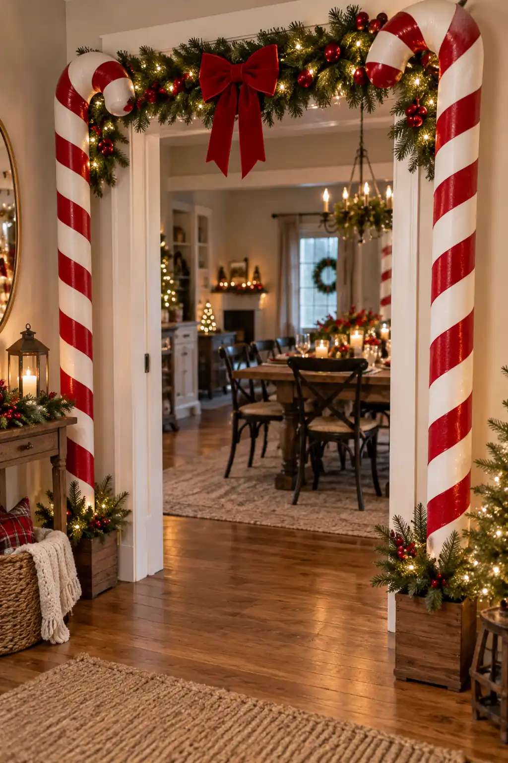 A doorway framed by red and white striped decorations and greenery