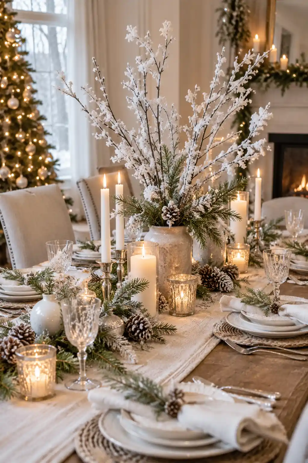 A pale table setting with white branches, silver details and clear glassware