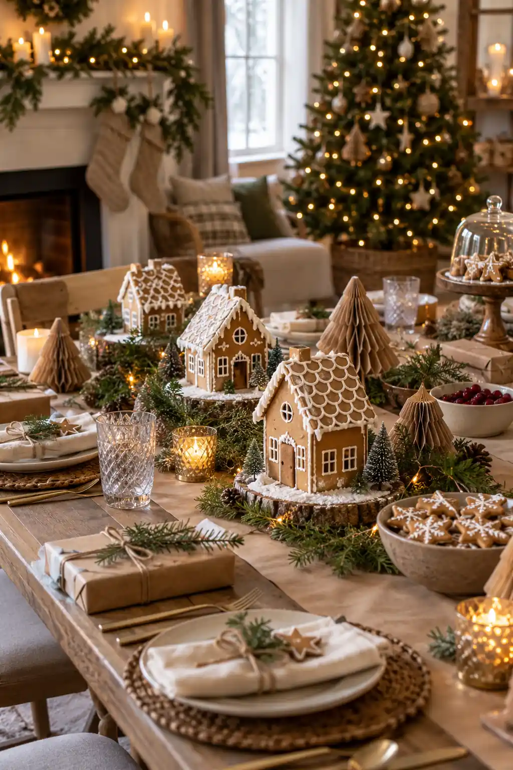 Gingerbread-style houses and small trees arranged on a festive table