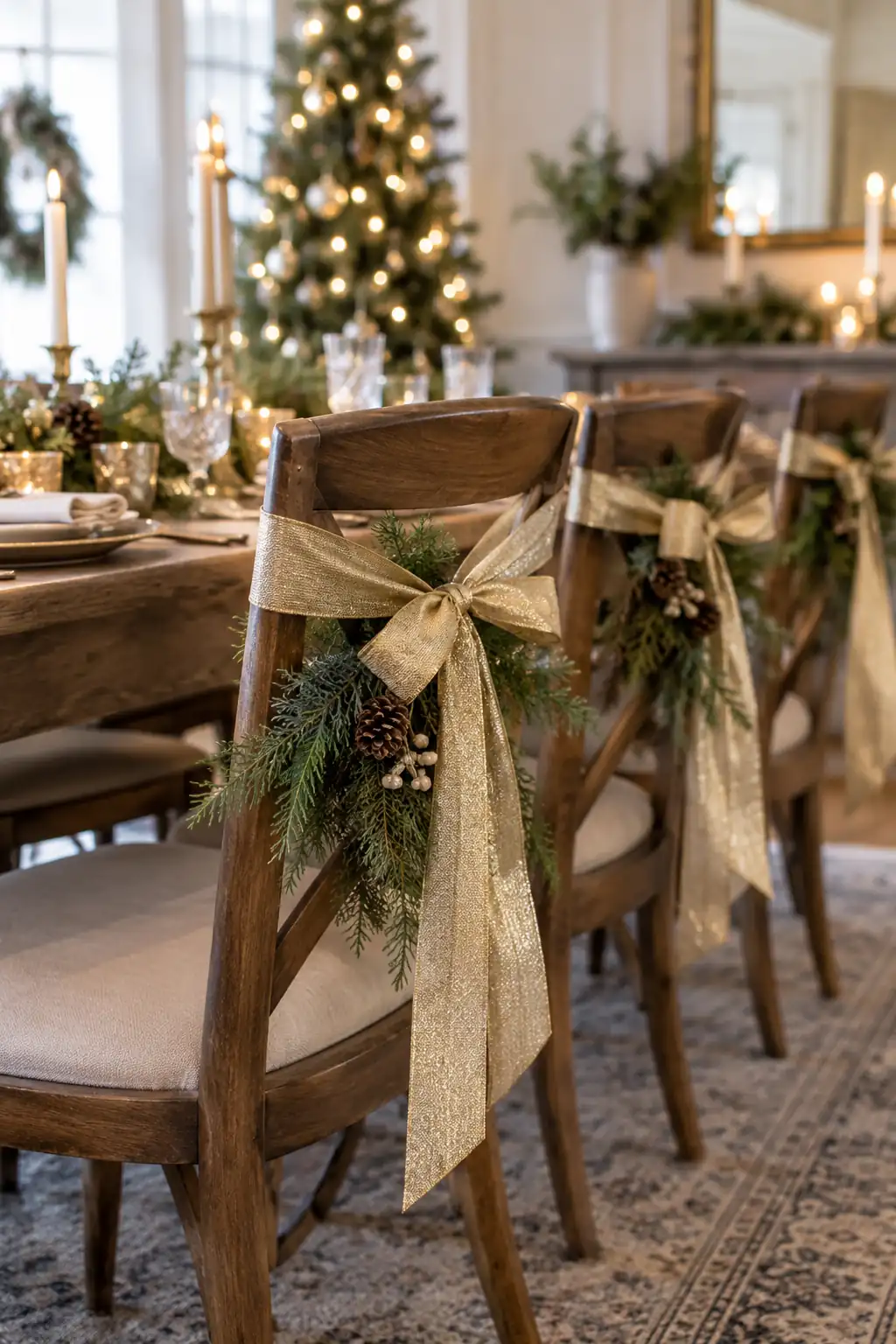 Dining chairs tied with pale gold bows and small greenery sprigs