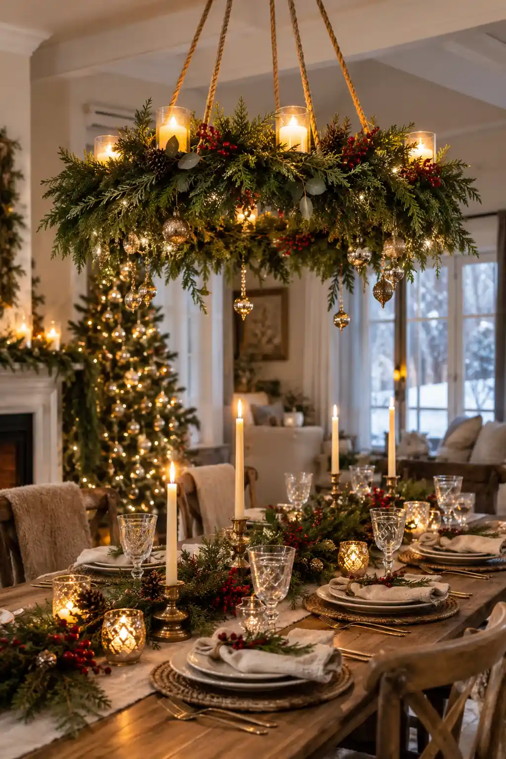 A large greenery wreath suspended over a dining table