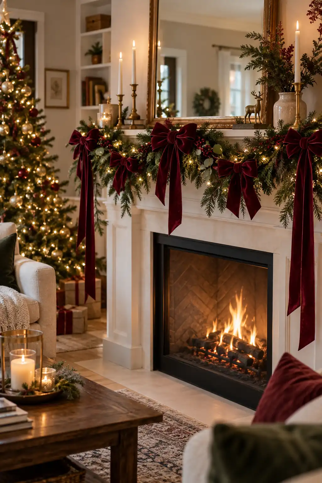 Green garland decorated with deep red velvet bows across a mantel