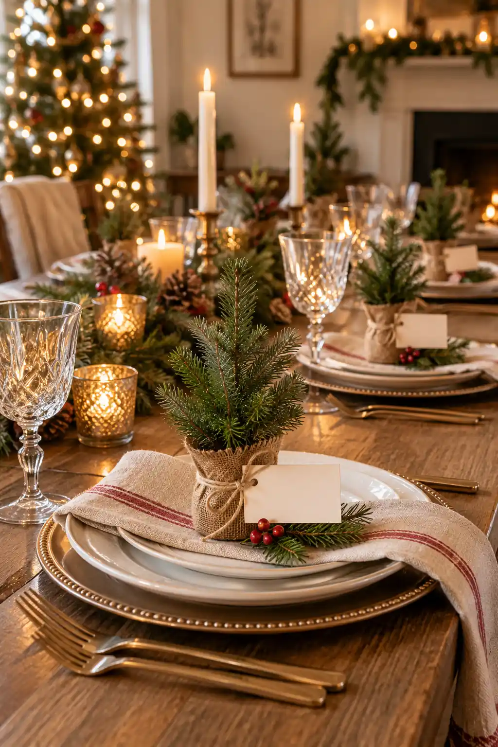 Small green trees placed at cream and gold table settings