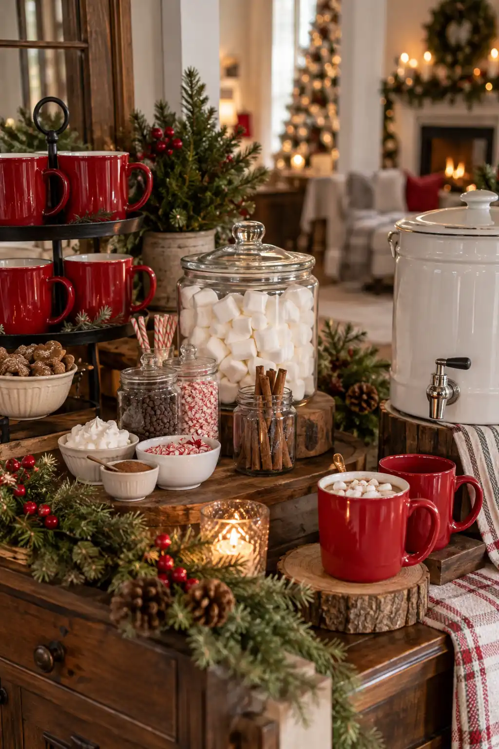 A hot-chocolate station with red mugs, clear topping jars and greenery