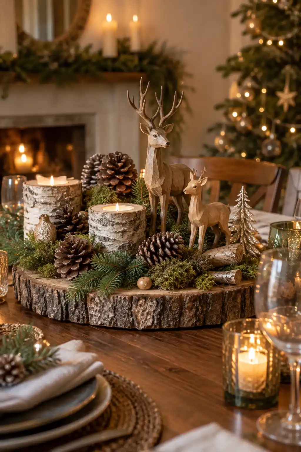 A low wood-slice display with pinecones, greenery and miniature trees