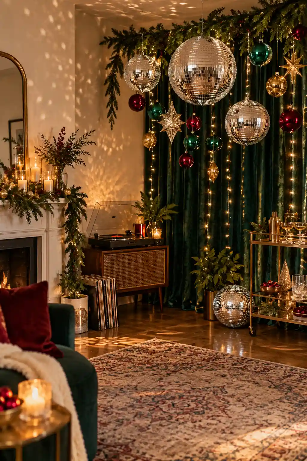 Mirrored disco balls and green ornaments against a dark party backdrop