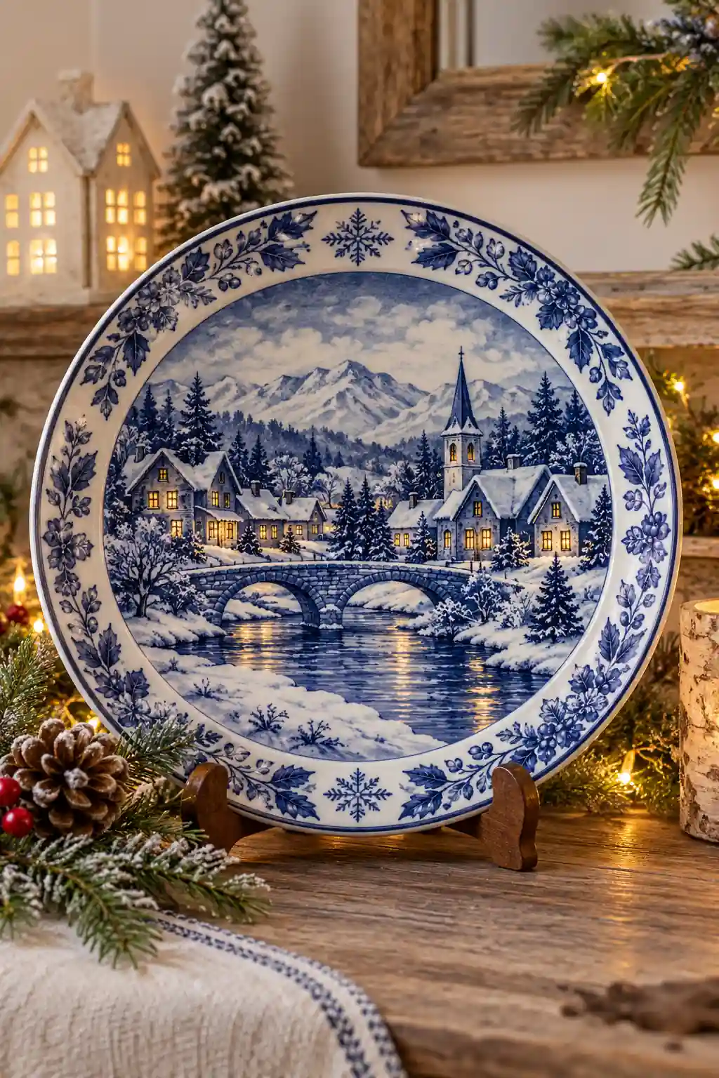 05 blue white snowy village plate